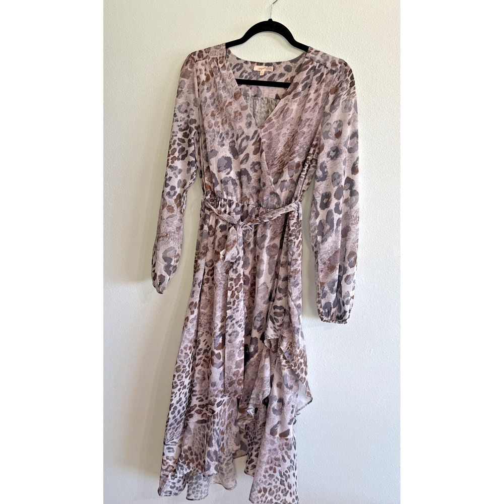 Mystree Semi Sheer long sleeved leopard print faux-wrap Midi Dress Size M‎
